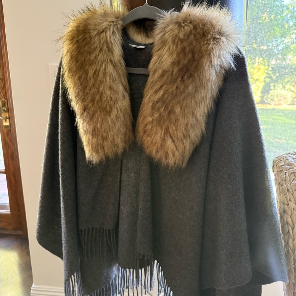 J. Crew Gray Cape with Faux Fur Collar